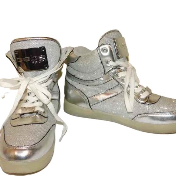 Bebe Sport Krysten Silver Metallic Light Up High Top Sneakers Size 8.5 - Picture 2 of 11